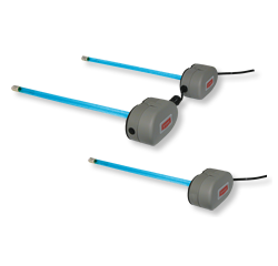 Three blue beam sensors, two connected in tandem and one separate, with gray housings and black cables.