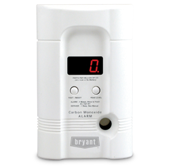 White Bryant carbon monoxide alarm with red digital display and test/reset button on a plain background