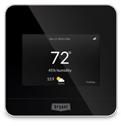 Black square thermostat display showing 72° and weather on a dark background