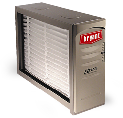Beige Bryant HVAC air filter cabinet with white pleated filter insert