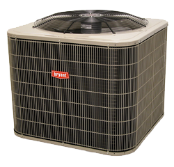 Beige Bryant outdoor air conditioner unit with a black top fan on a white background