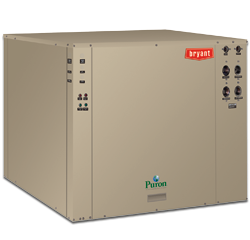 Beige Bryant Puron HVAC outdoor unit with control panel and vents