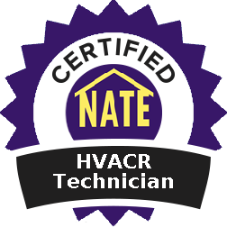 NATE certified HVACR technician badge in purple, black, and yellow