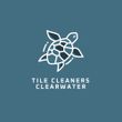 A logo for tile cleaners clearwater with a turtle on a blue background.