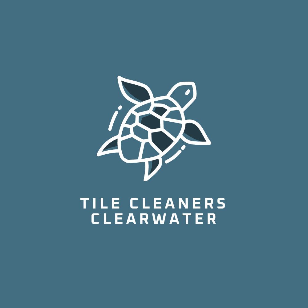 A logo for tile cleaners clearwater with a turtle on a blue background.