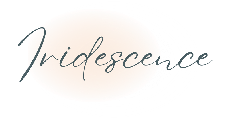 The word iridescent is written in cursive on a white background.