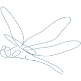 A continuous line drawing of a dragonfly flying on a white background.