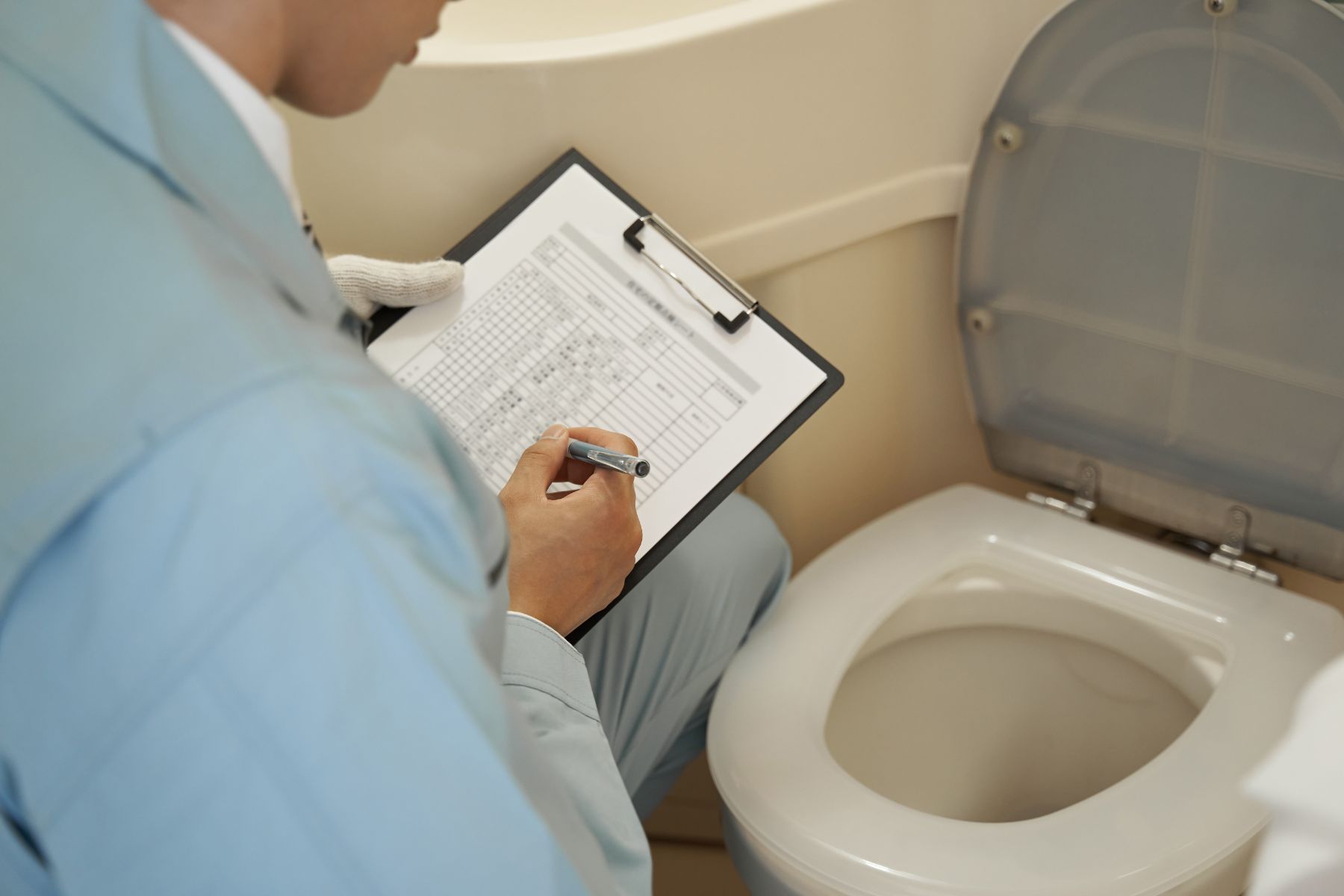 a man is writing on a clipboard in front of a toilet