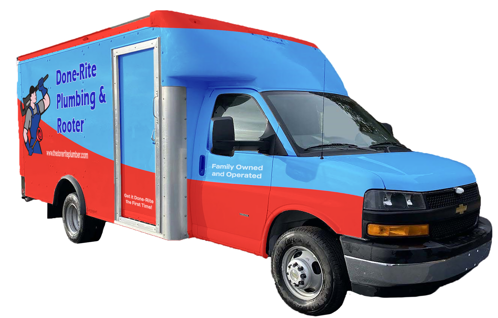 Blue and red moving truck with office signage on the side