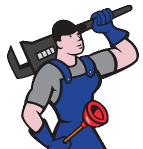 Cartoon plumber holding a wrench over his shoulder, wearing blue overalls and gloves, with a plunger at his waist