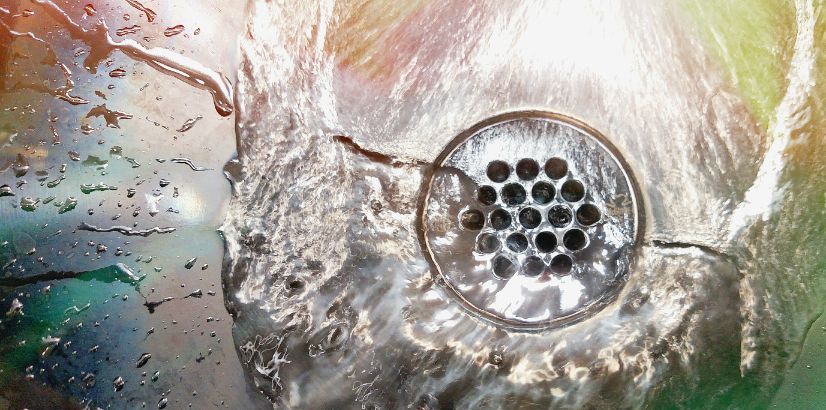 Close-up of a metal shower drain with water swirling around it and soap residue on the surface