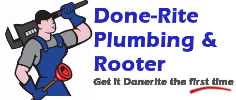 Done-Rite Plumbing & Rooter logo with plumber holding tools and slogan “Get It Done Rite the first time”