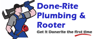 Done-Rite Plumbing & Rooter logo with plumber holding tools and slogan “Get It Done Rite the first time”