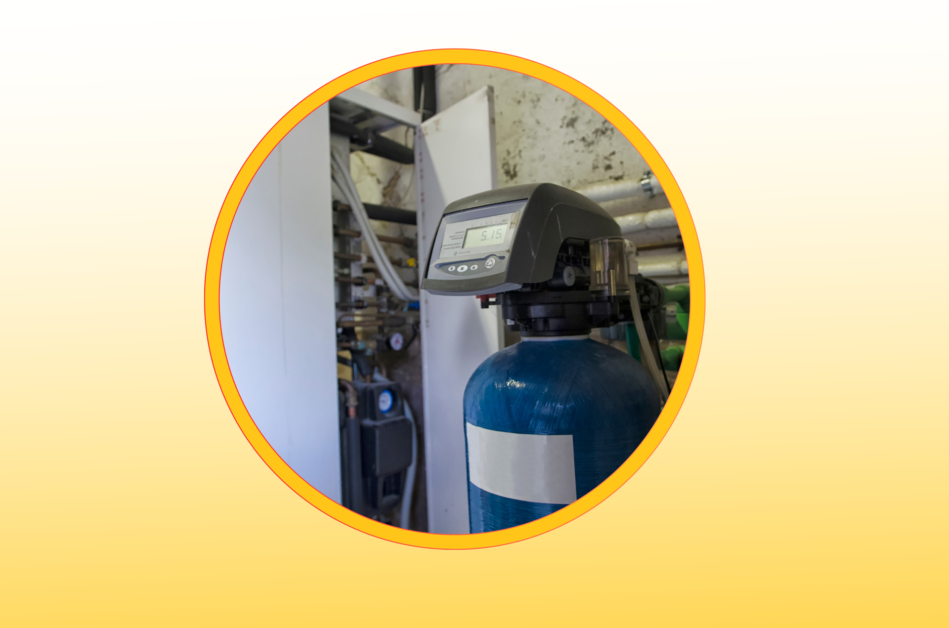 Blue oxygen tank with regulator in a utility room, framed in a yellow-bordered circle