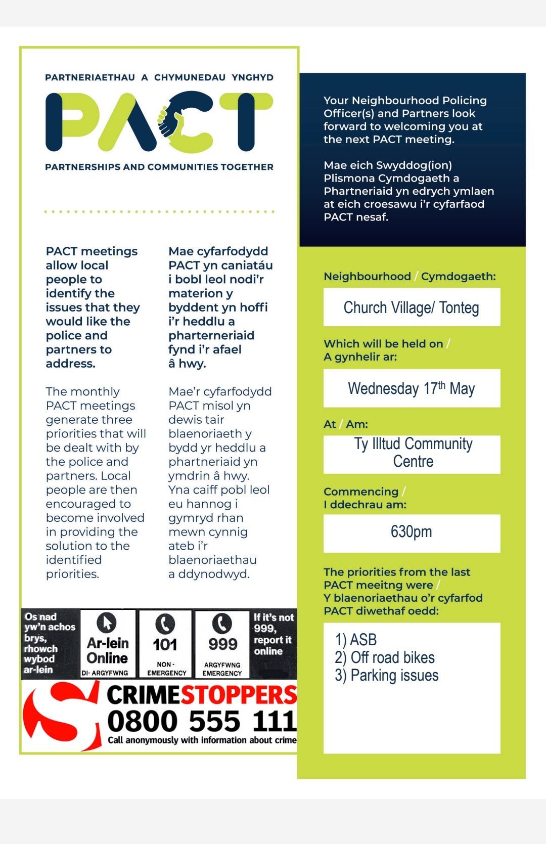 PACT meeting announcement: Wednesday, May 17th, Tyldesley Community Centre, 6:30pm, with CrimeStoppers contact.