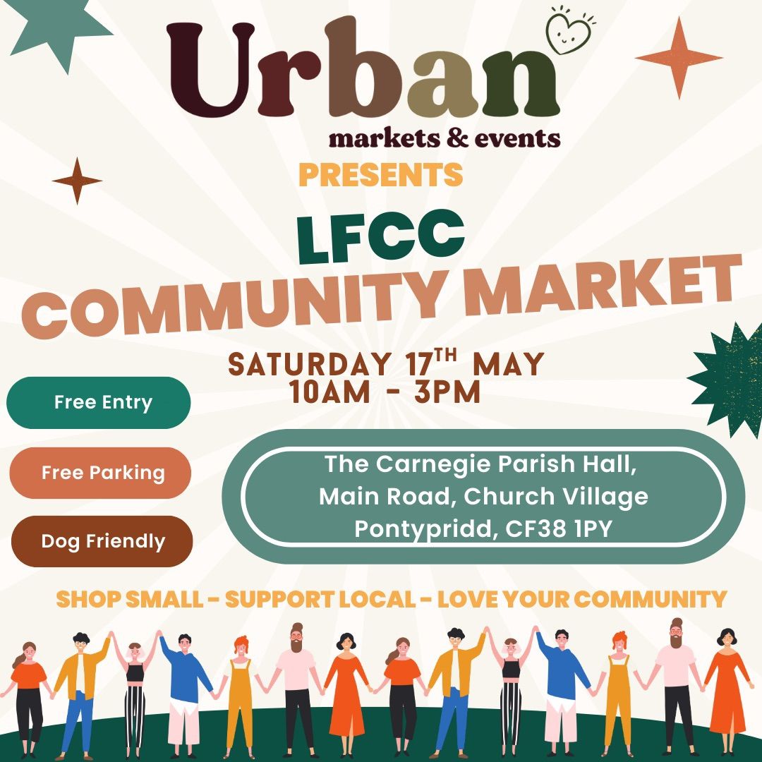 Poster for a community market on May 17th. Announces free entry, parking, and is dog-friendly.