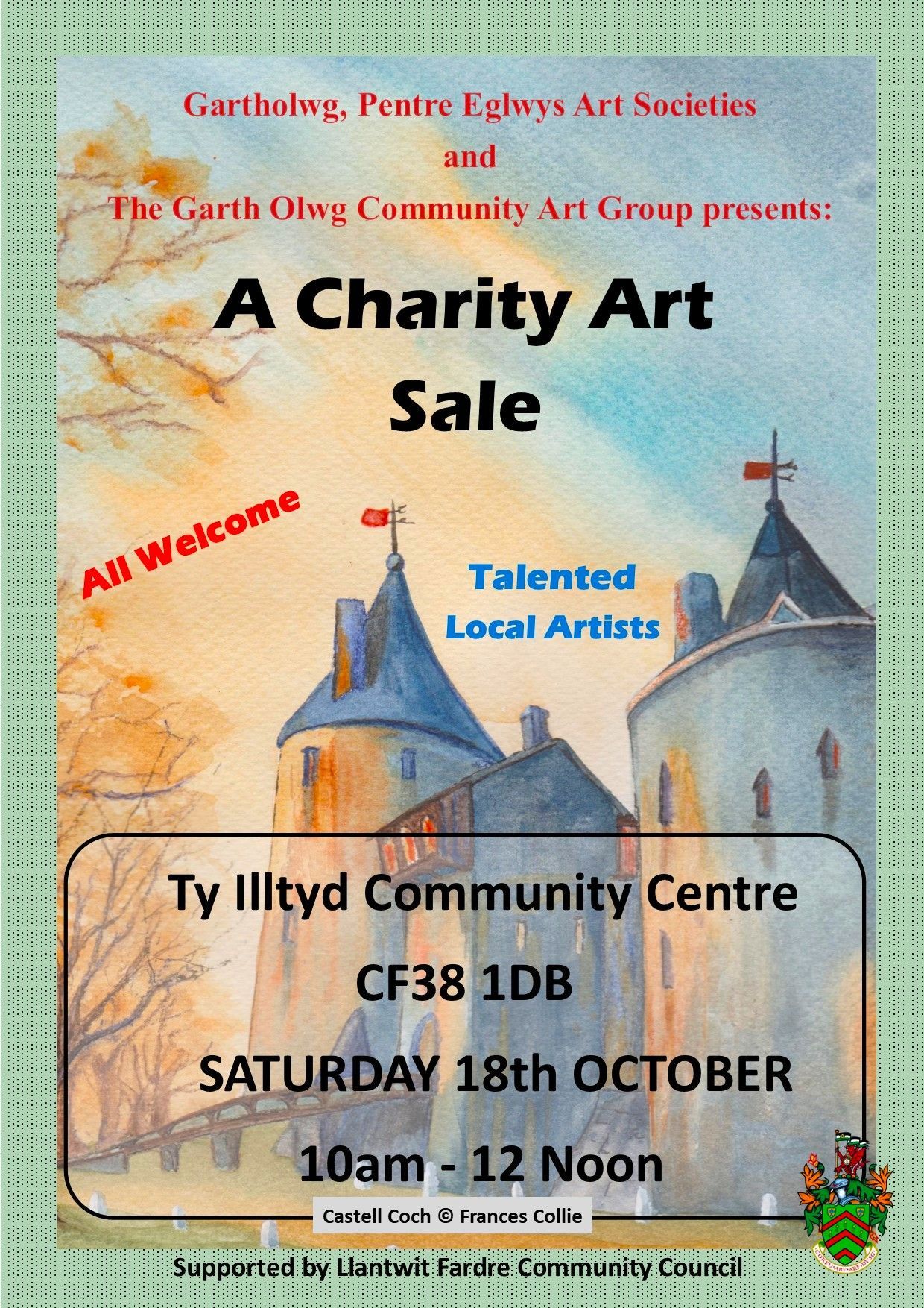 Poster for a charity art sale at Ty Illtyd Community Centre in Wales, featuring artwork of a castle.