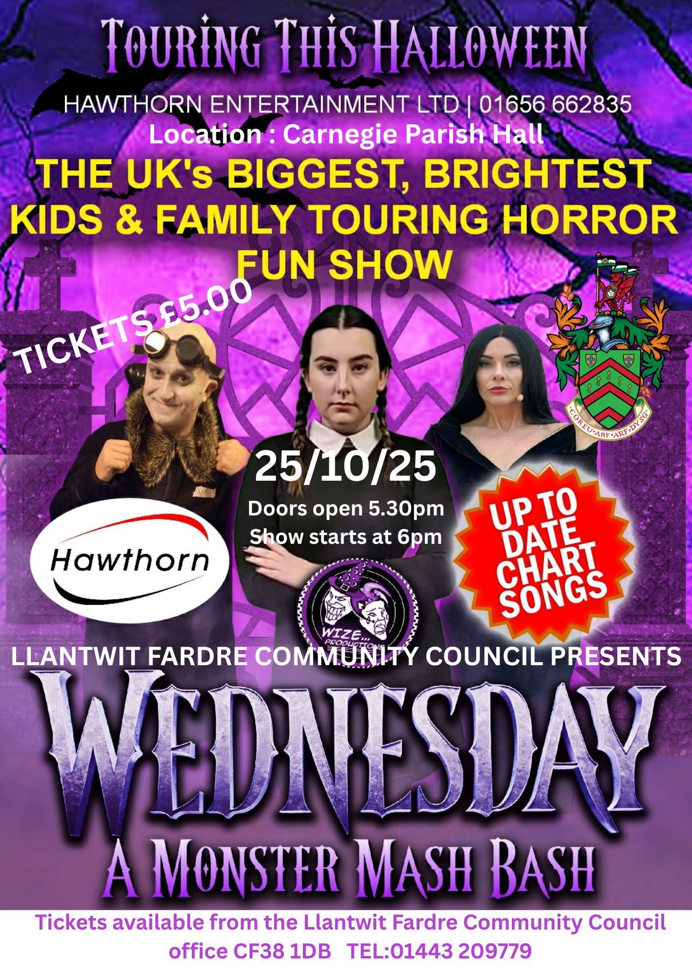Poster: Halloween kids' show in Carnegie Parish Hall. Features Wednesday Addams, and chart songs. Tickets £5.