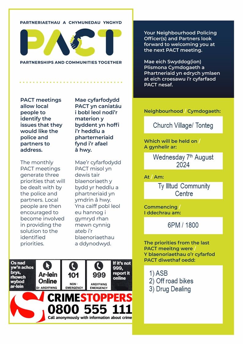 PACT community safety leaflet with contact info and reporting options.