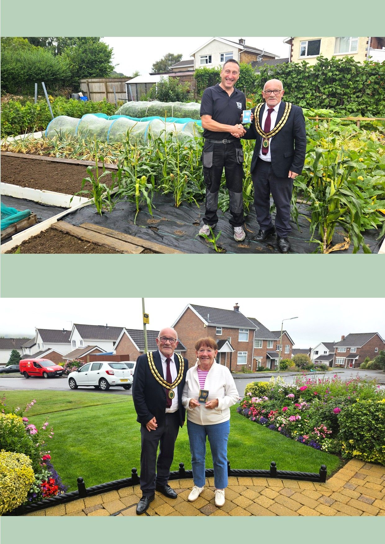 Two photos: Mayor presenting awards. Top: Man in overalls at garden plot. Bottom: Woman at house with garden.