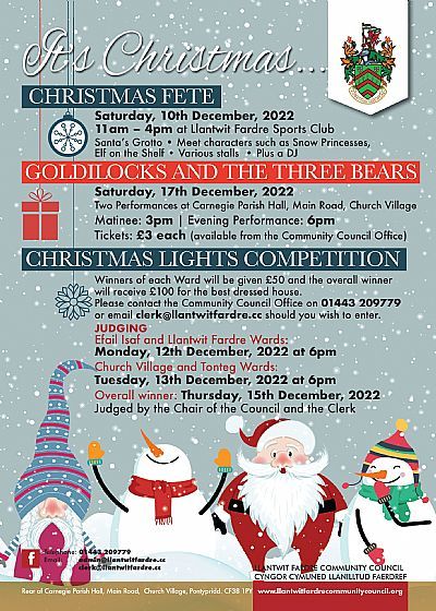 Christmas event poster: Fete, play, lights competition. Featuring Santa, snowman, and gnome illustrations, with dates and locations.