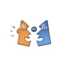 Two cartoon faces facing each other, orange and blue, with the words