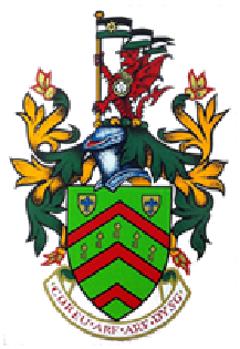 Coat of arms with a shield, crest of a red dragon holding flags, and green and red stripes.