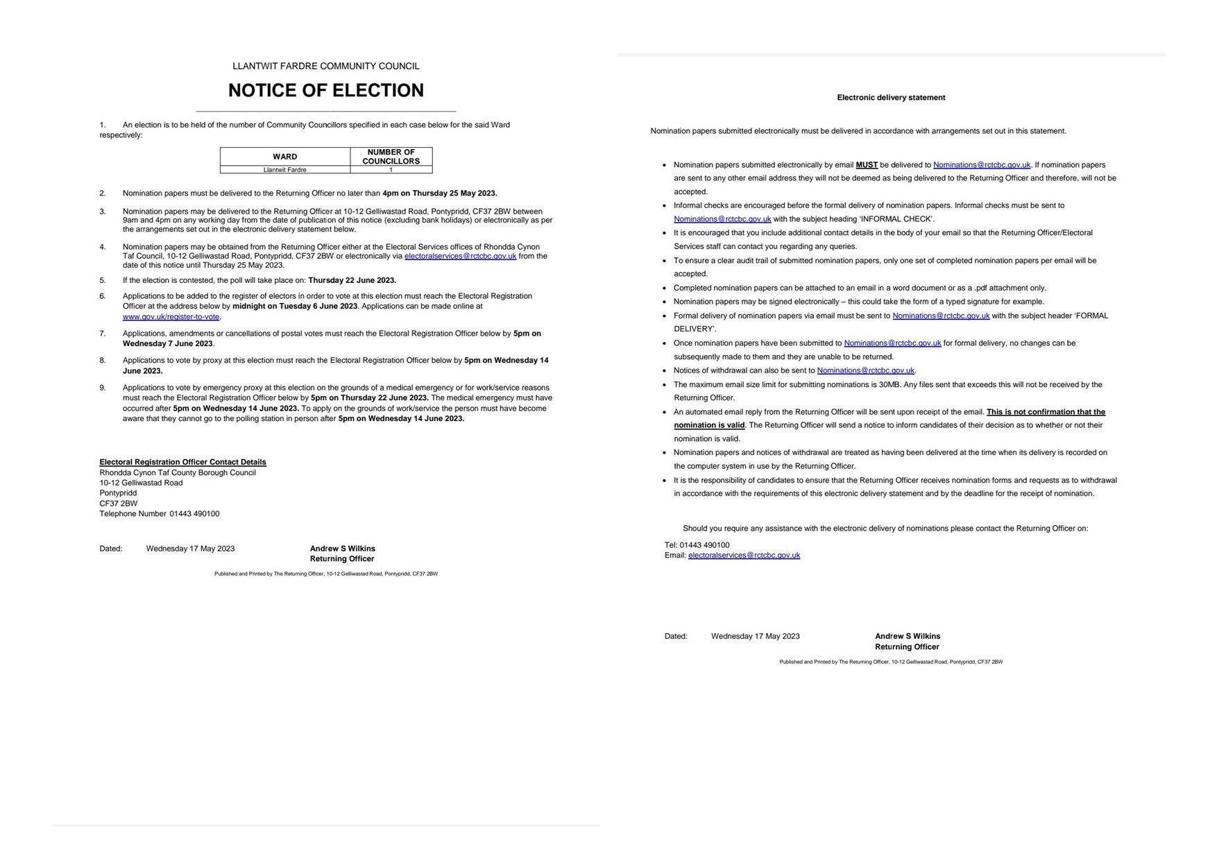 Notice of Election document: a two-page form with text about an election, candidates, and voting details.