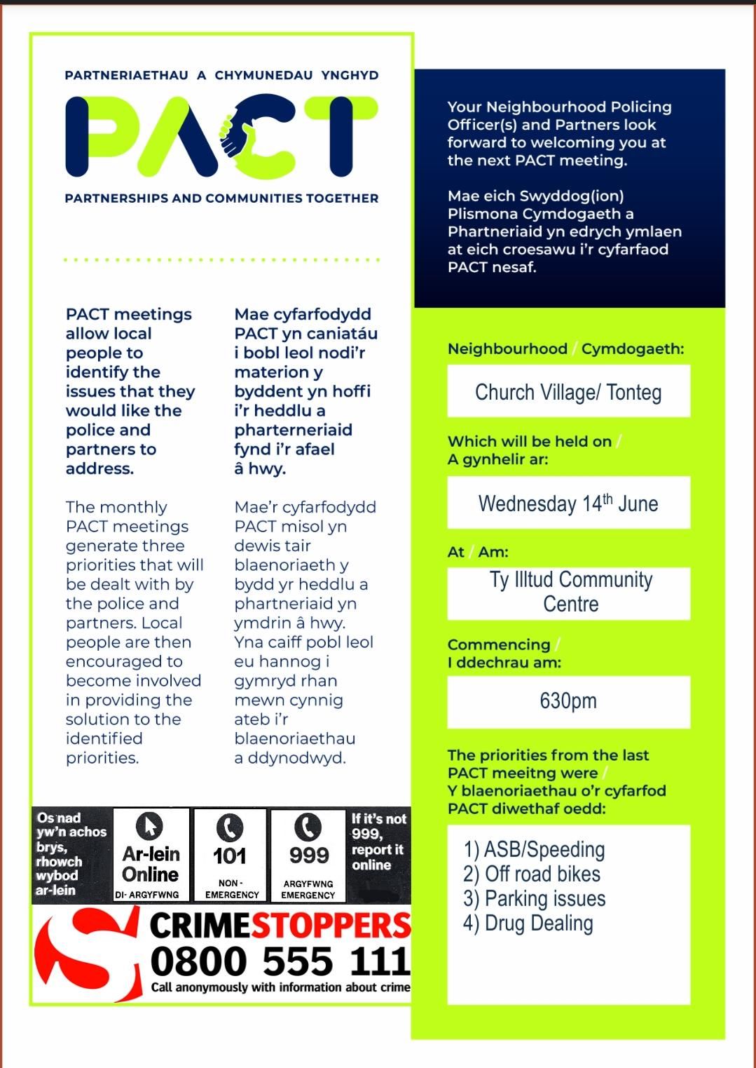PACT meeting flyer with meeting details, contact info, and CrimeStoppers logo.