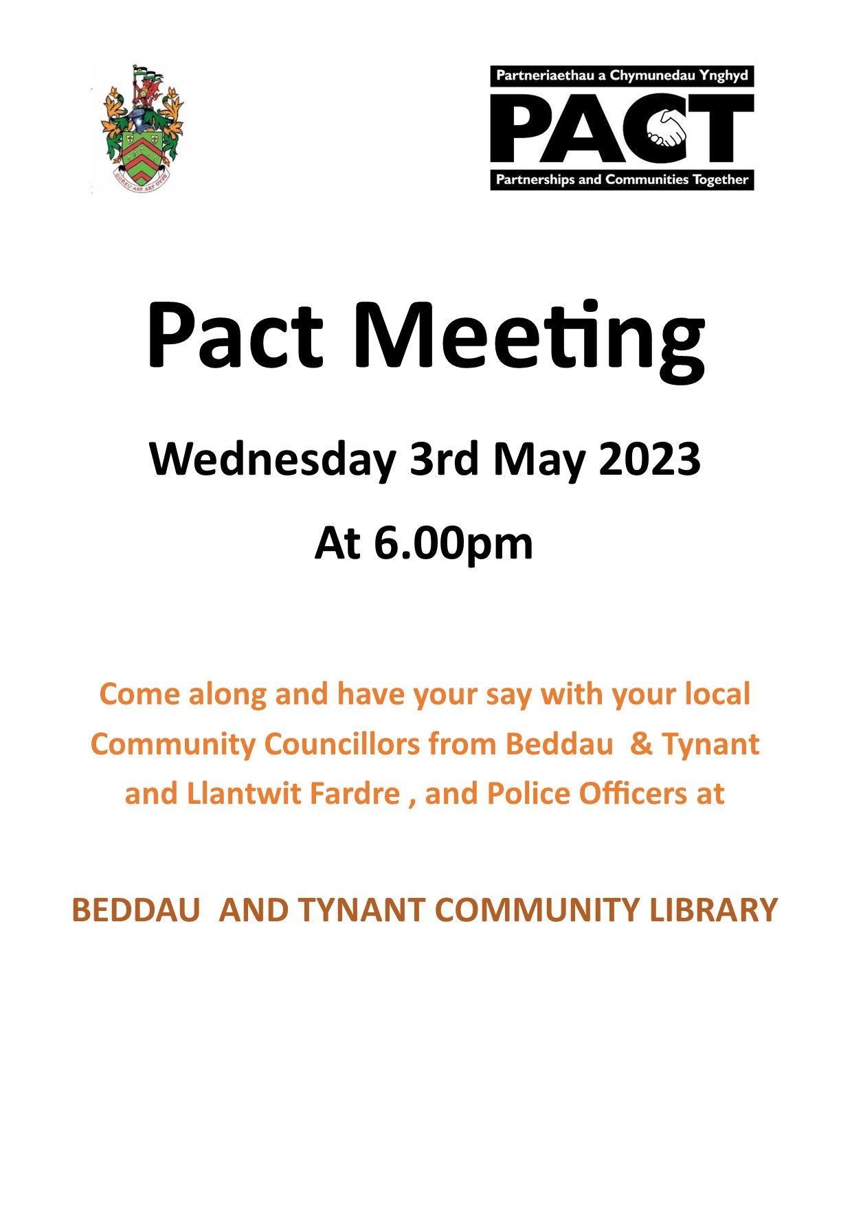 Poster for a PACT meeting.  Date: Wednesday, May 3, 2023, 6 PM. Location: Beddau & Tynant Community Library.