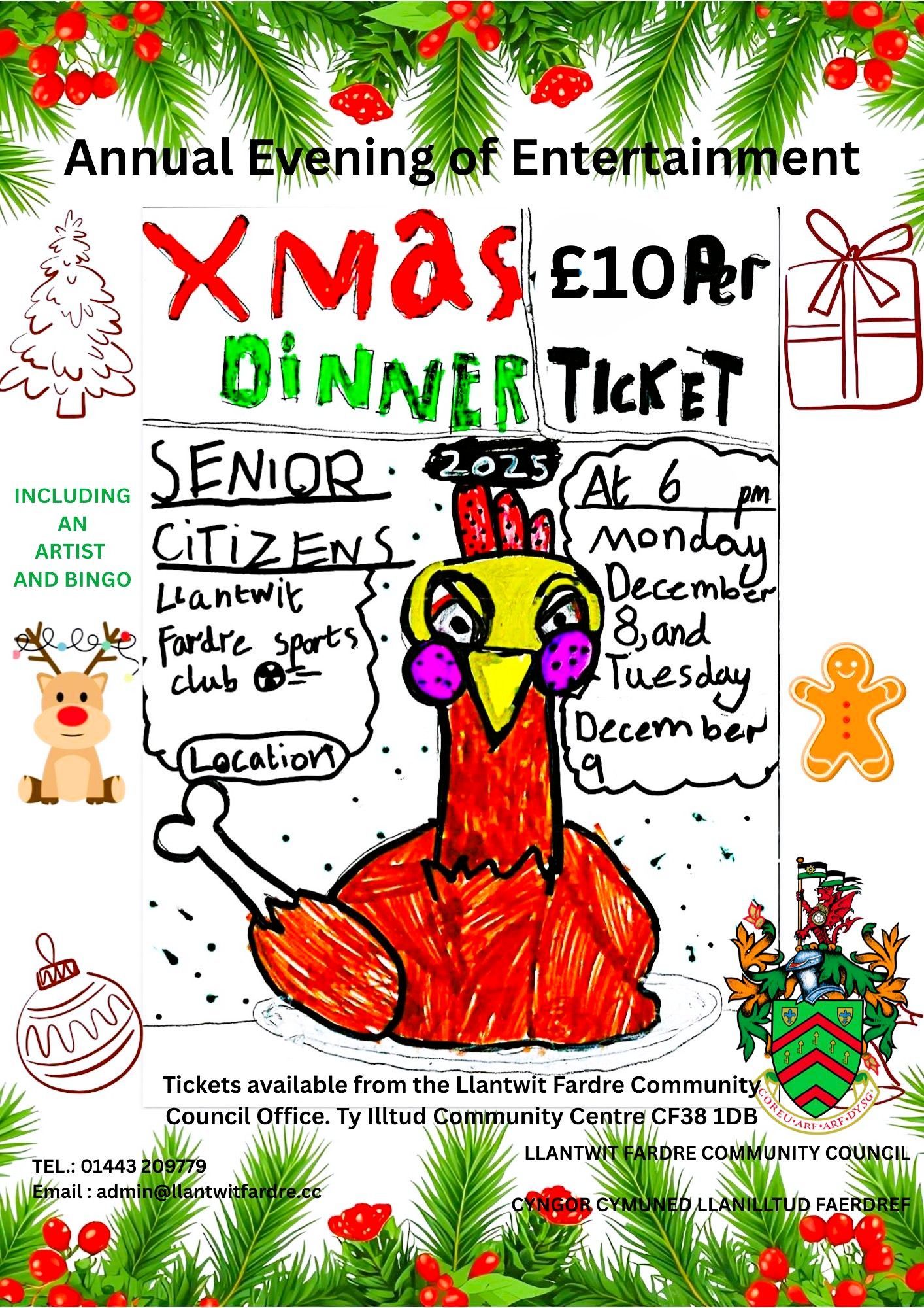 Poster for a Christmas dinner event with a drawing of a turkey and information about tickets and dates.