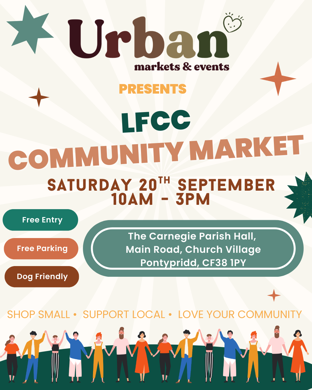 Poster: Urban Markets and Events presents LFCC Community Market at The Carnegie Parish Hall, Pontypridd, on Sept. 20th. Includes free entry, parking & is dog-friendly.