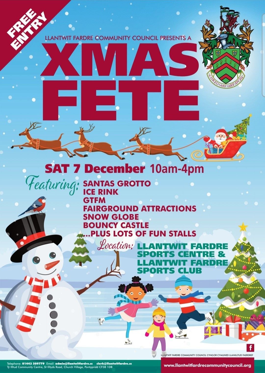 Xmas Fete flyer: Santa, reindeer, and snowman. Includes ice rink, bouncy castle, and fun stalls at sports center.