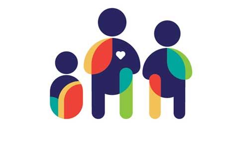 Three stylized figures in blue, red, yellow, and green, standing together on a white background