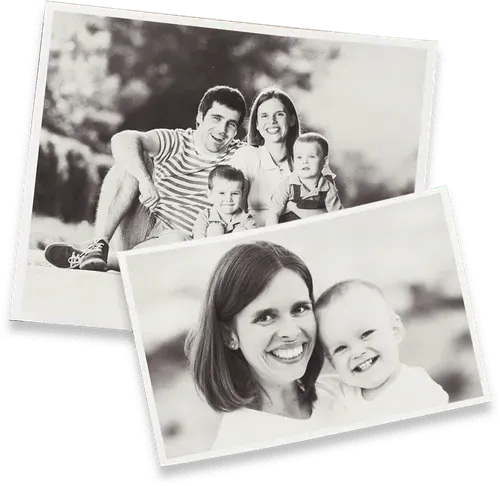 Black-and-white family photos arranged in a collage, showing smiling adults and children