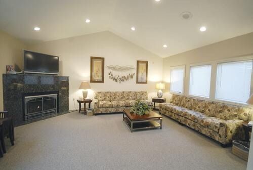 Bright living room with two patterned sofas, fireplace TV, and large windows