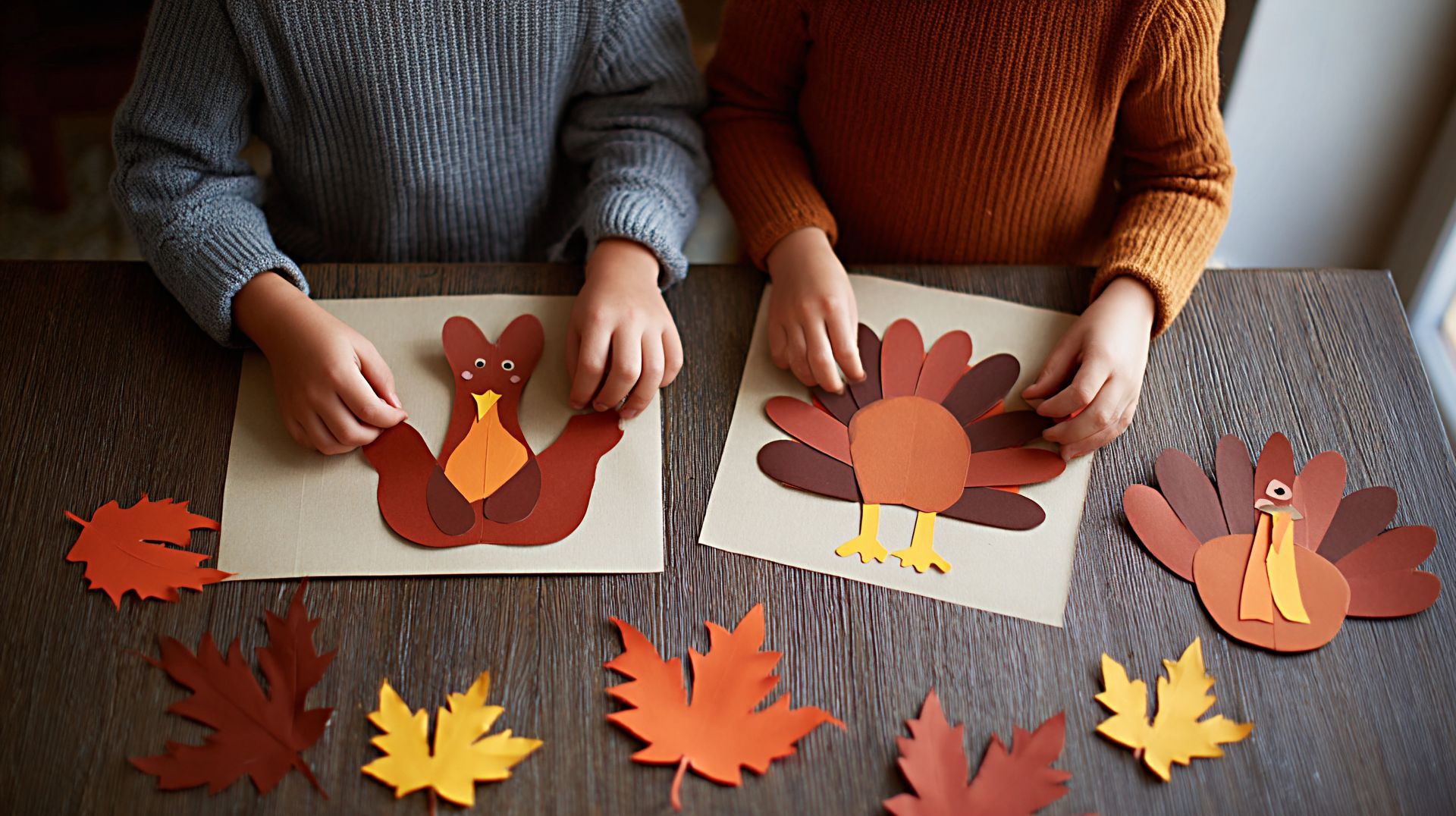 Two children create paper crafts, assembling turkeys with fall leaves on a table.