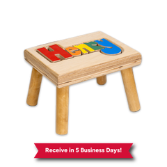 Wooden children's stool with colorful name “Charlie” and a red banner reading “Receive In 5 Business Days!”