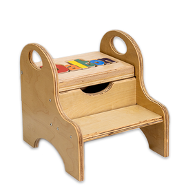 Wooden children's stool with colorful name “Charlie” and a red banner reading “Receive In 5 Business Days!”