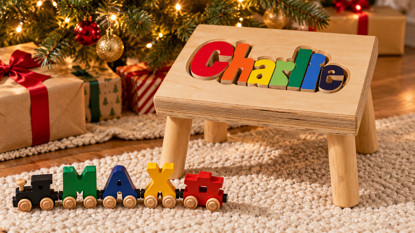 Wooden puzzle stool with the name Charlie, name train with the name Max, next to a Christmas tree.