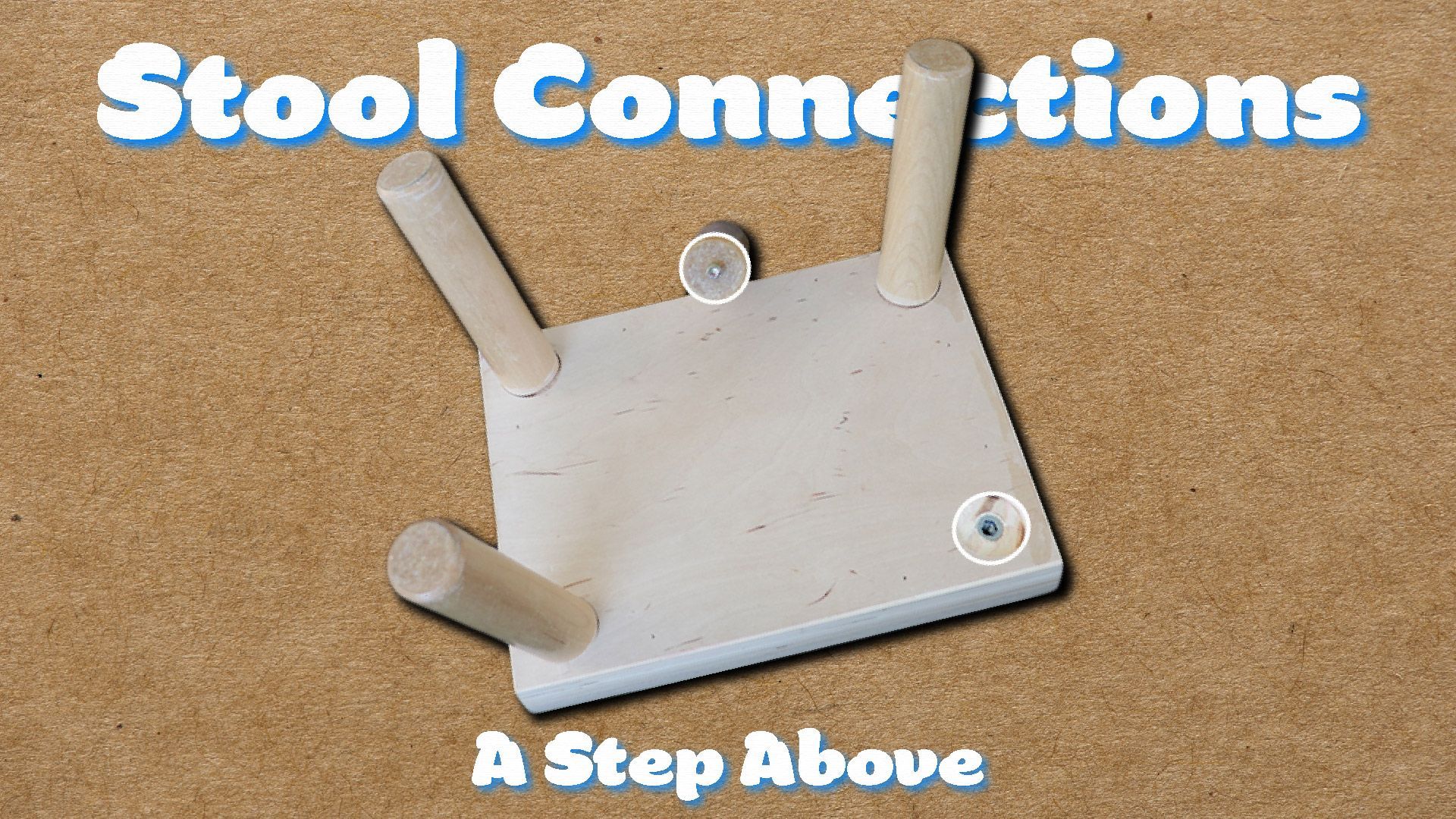 White stool with four wooden dowels on corkboard, labeled “Stool Connections” and “A Step Above”