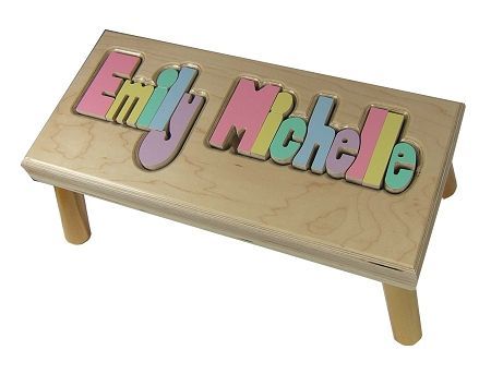 Puzzle Name Stool long name "Emily Michelle" showing how long you can make a name on a puzzle stool. Pastel colors.