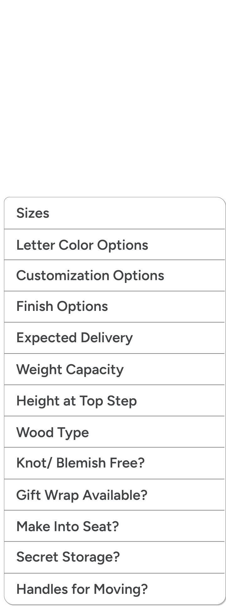 Dropdown menu with options like Sizes, Customization, Delivery, and storage settings