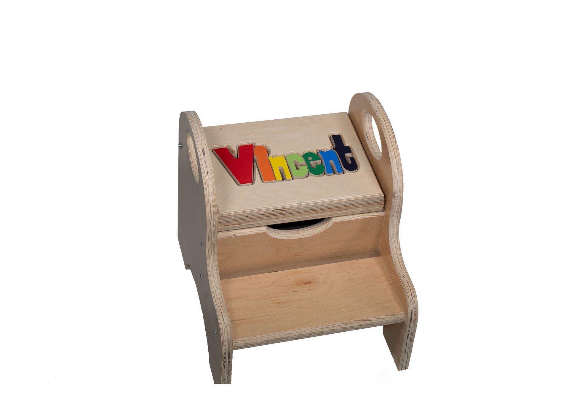 Small wooden two-step puzzle stool with colorful letters 