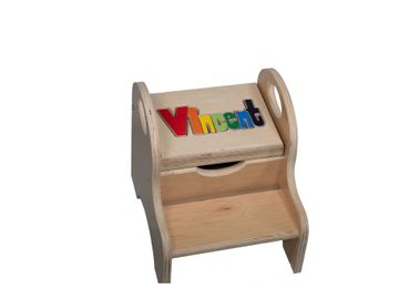 Wooden children's stool with colorful name “Charlie” and a red banner reading “Receive In 5 Business Days!”