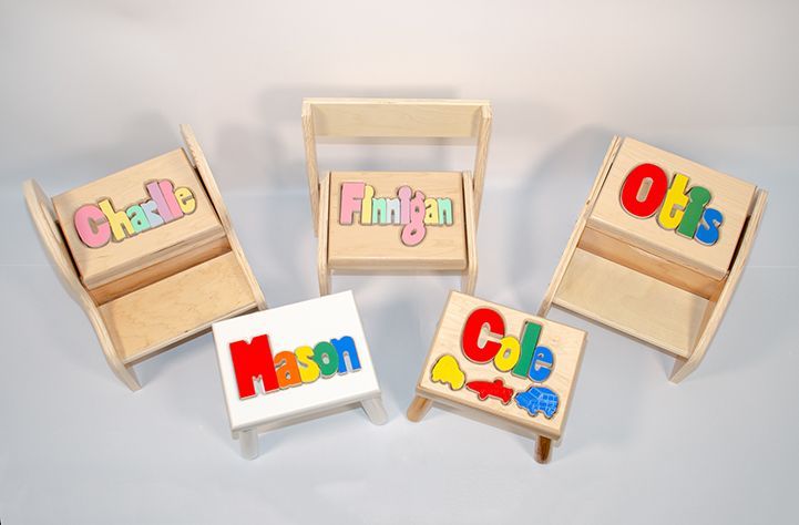 Colorful custom puzzle stool variations showcasing the many puzzle stools Hollow Woodworks offers. 
