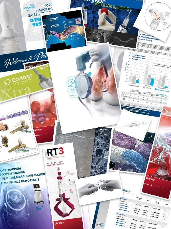 Collage of medical device brochures, charts, and clinical product packaging on a white background