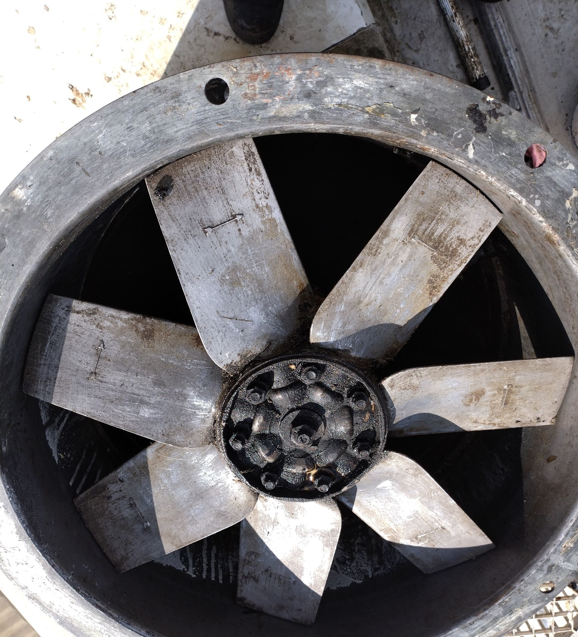 Metal Fan With Eight Blades, Covered in Soot — Central Coast Commercial Kitchen Cleaning in Tuggerah, NSW