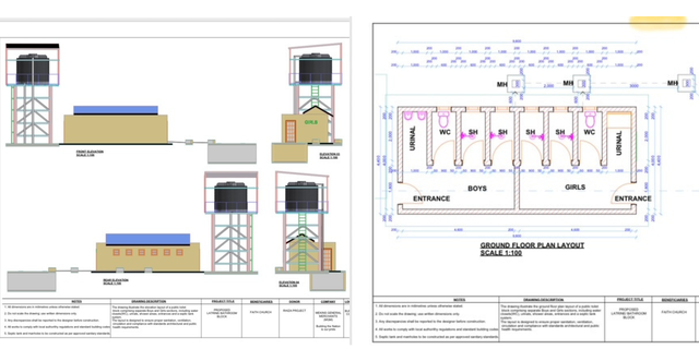 Technical engineering drawing with side elevation and plan views of a building and structural layout.