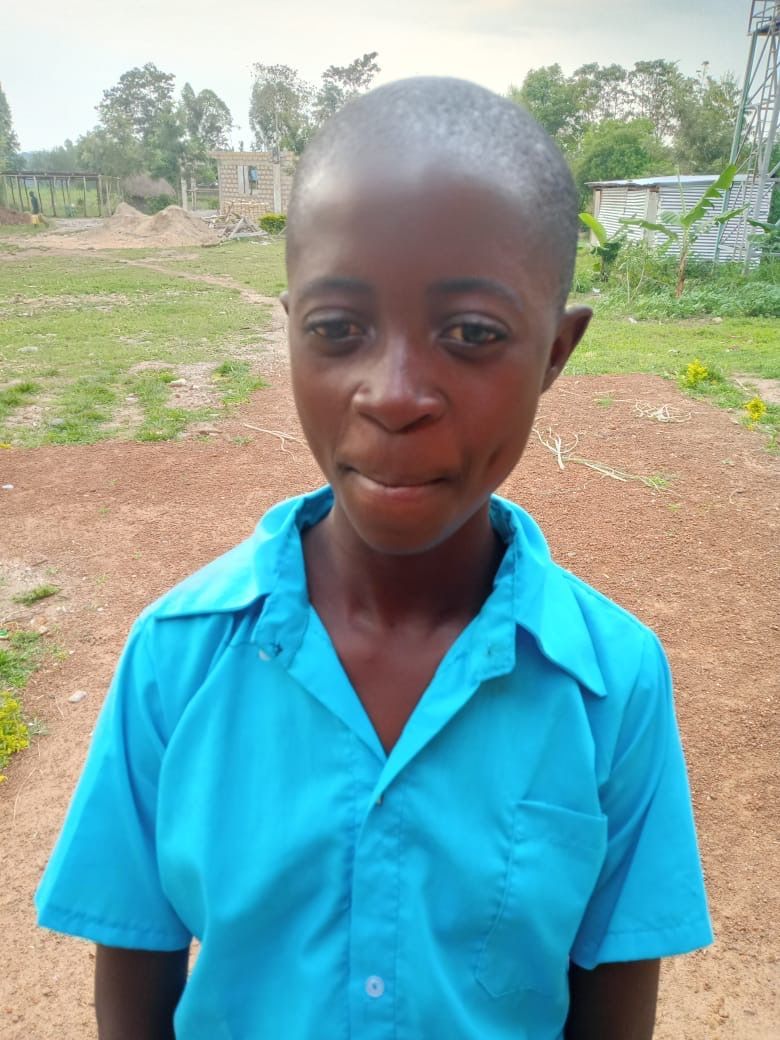 Young child in blue shirt, outdoors, looking at the camera.